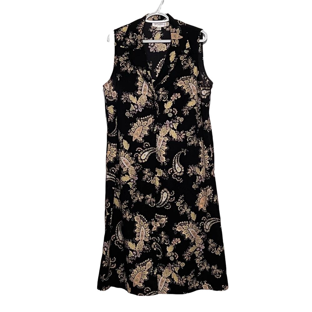 Studio I Women's Black Paisley Floral Sleeveless Dress‎ Button Front Size 18W